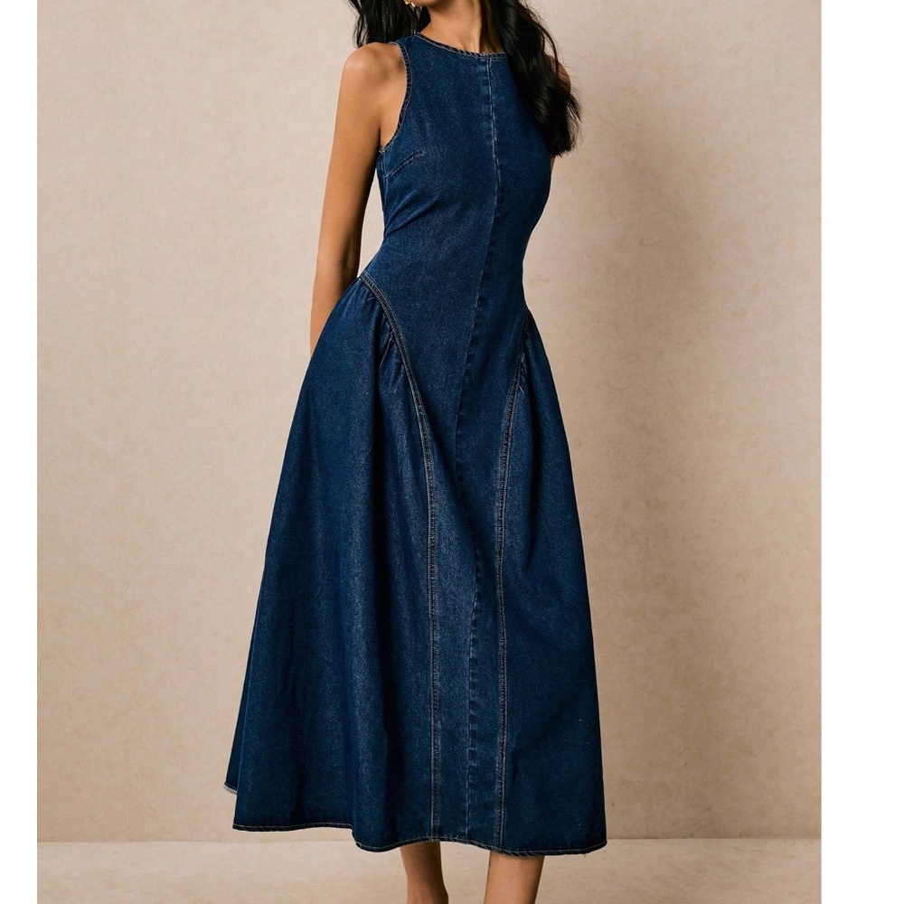Dark Wash Open Back Sleeveless Flared Hem Denim Dress - Picture 5 of 5